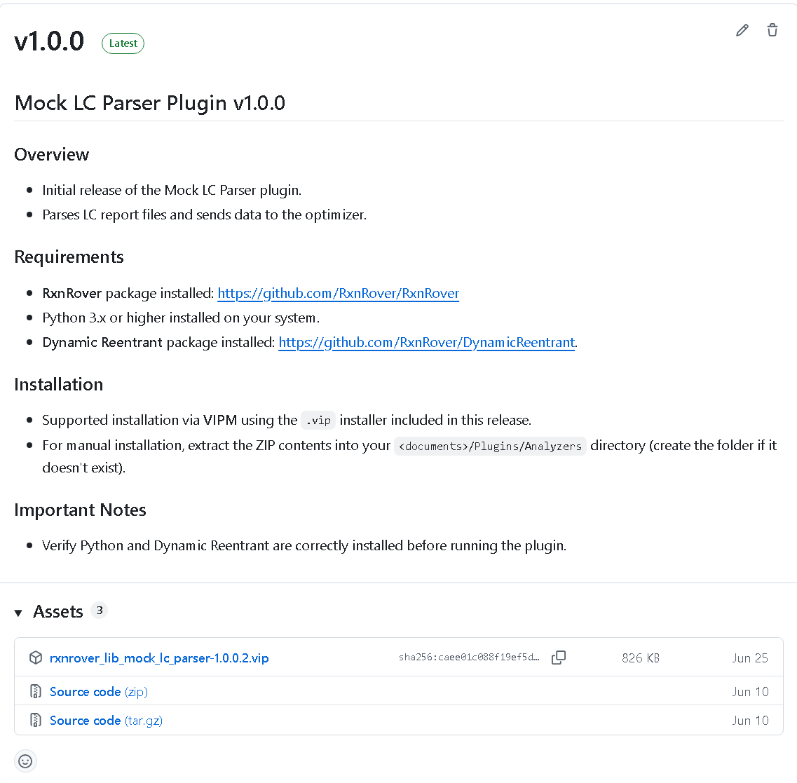 Screenshot of the Mock LC Parser release section.