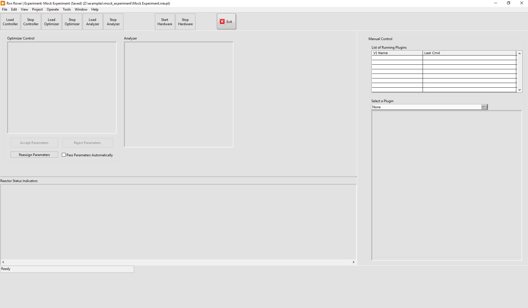 Screenshot of a blank Rxn Rover main window with the mock experiment loaded.