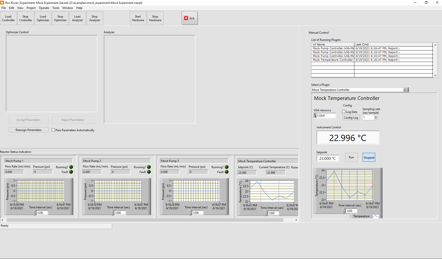 Screenshot of main Rxn Rover window with reactor components loaded and the Manual Control plugin list expanded.