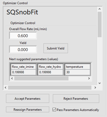 Screenshot of main Rxn Rover window optimizer control with SQSnobFit.